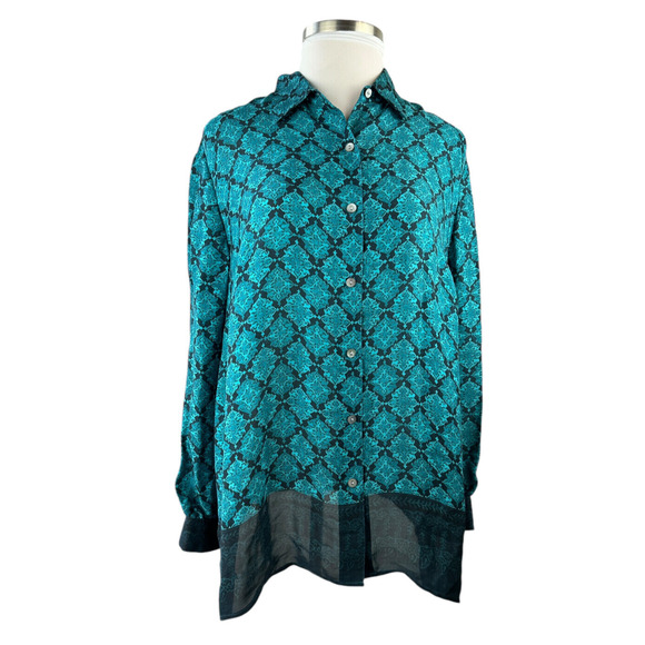 NWT Valerie Stevens Silk Blouse Blue & Black Printed Button Up Top Plus Size 22W - Picture 2 of 8